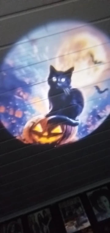 The moon and black cat scene projected on a bedroom wall