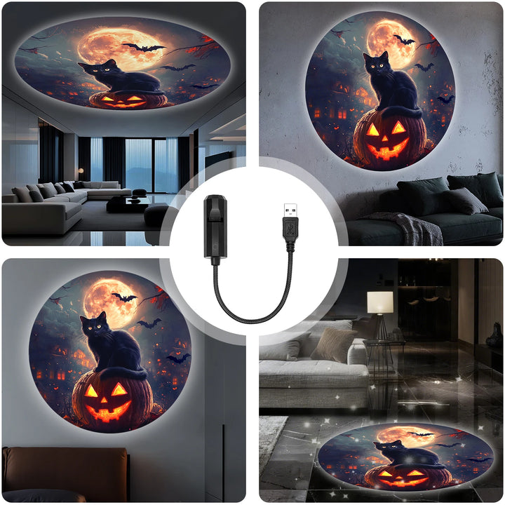 Four rooms with the moon and cat scene on walls and ceilings, the USB gooseneck projector in the middle