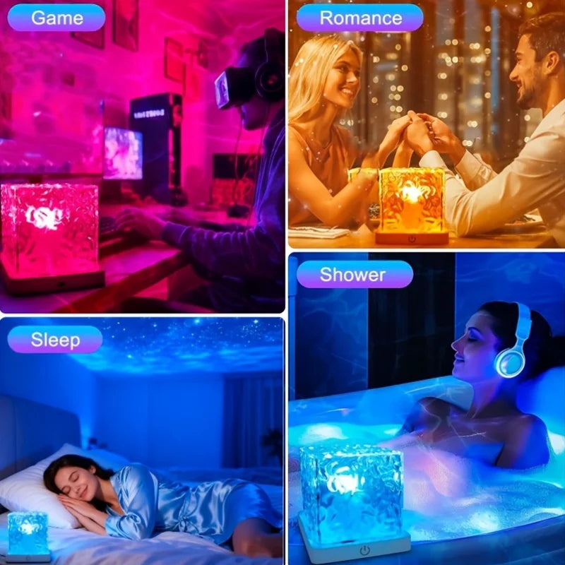 Four scenes with the cube: a desk, a dinner, a bedroom and a bath