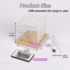 Size chart: an 11.2 cm cube on a touch base, a 136 cm USB cable and the remote
