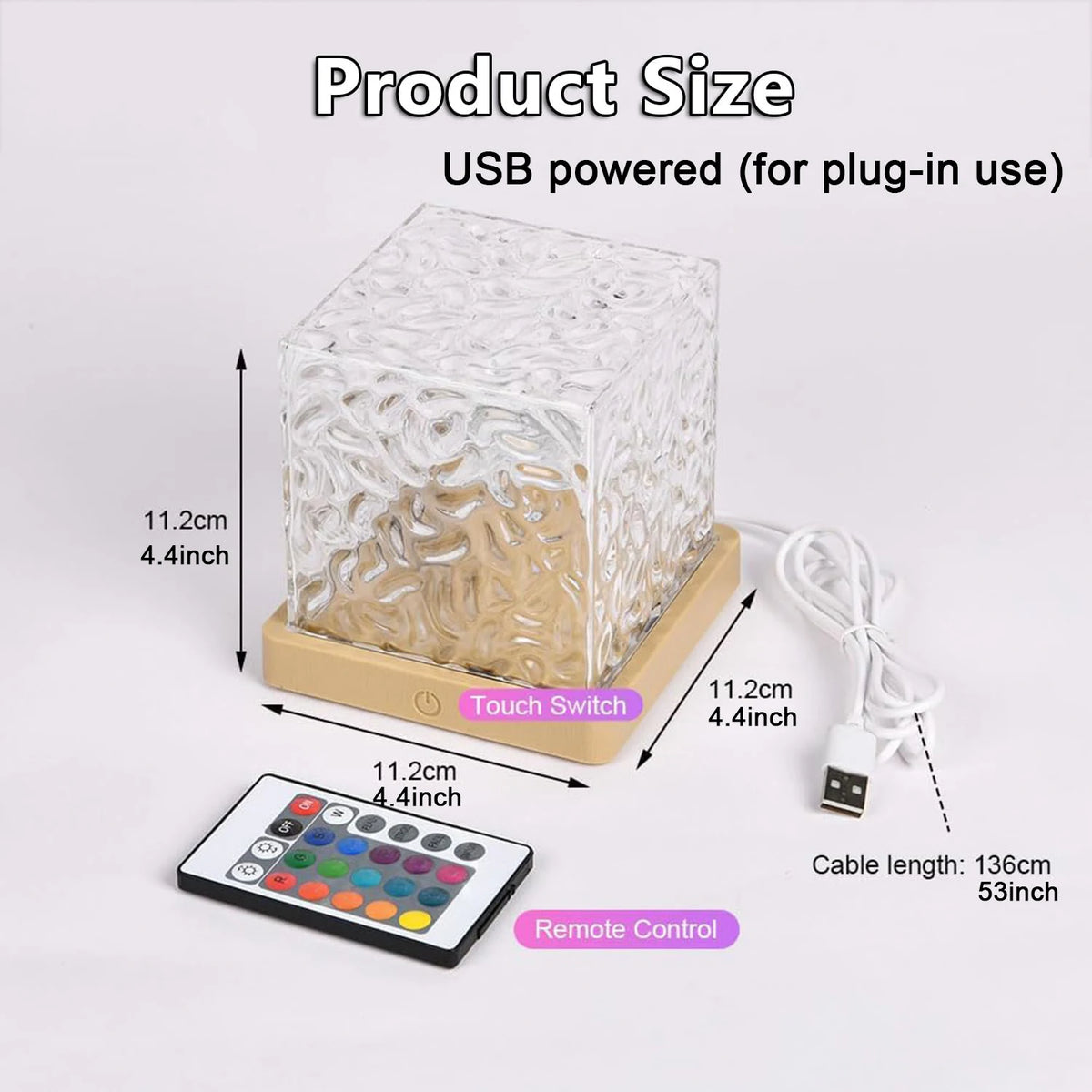 Size chart: an 11.2 cm cube on a touch base, a 136 cm USB cable and the remote