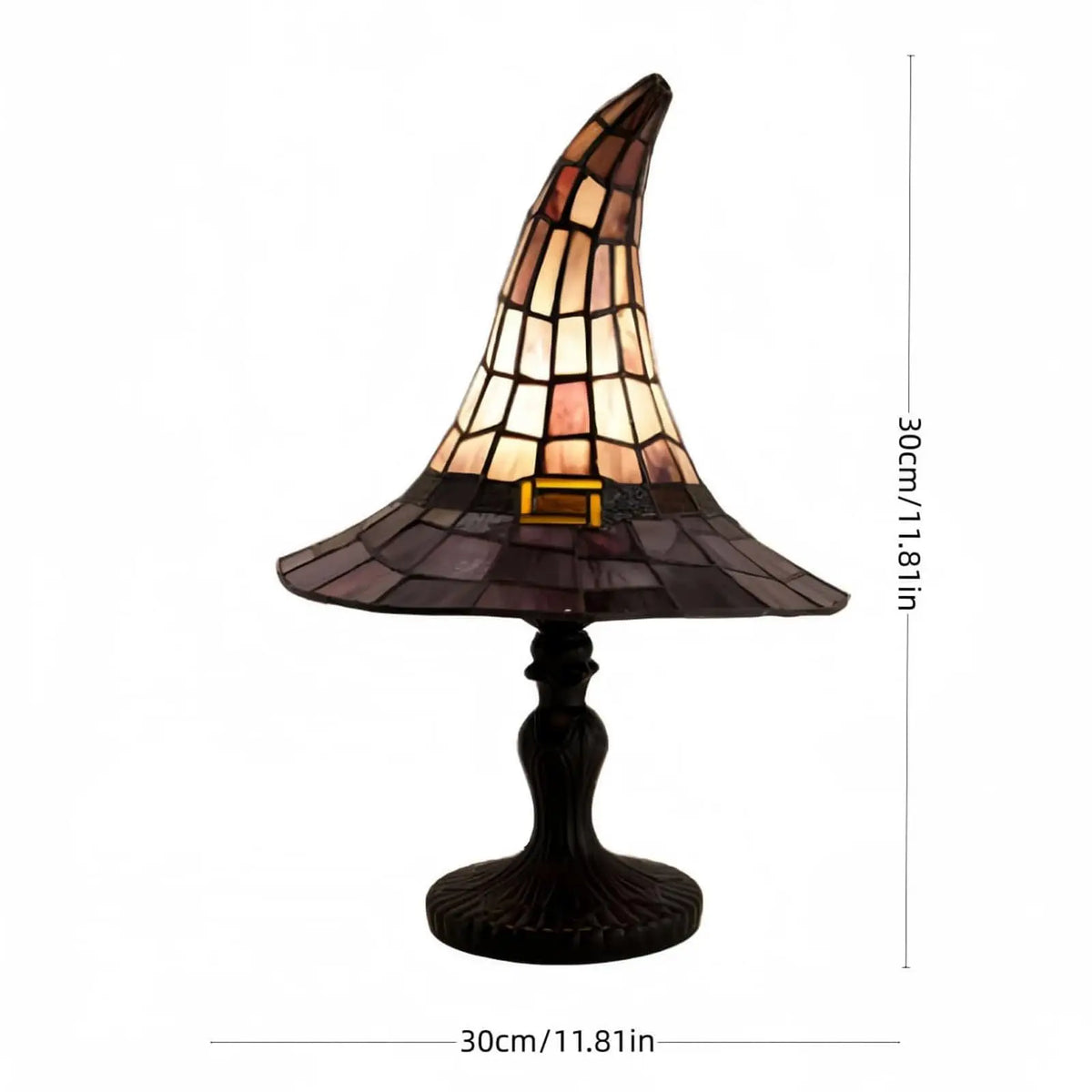 Witch hat lamp on white with its 30 cm height marked