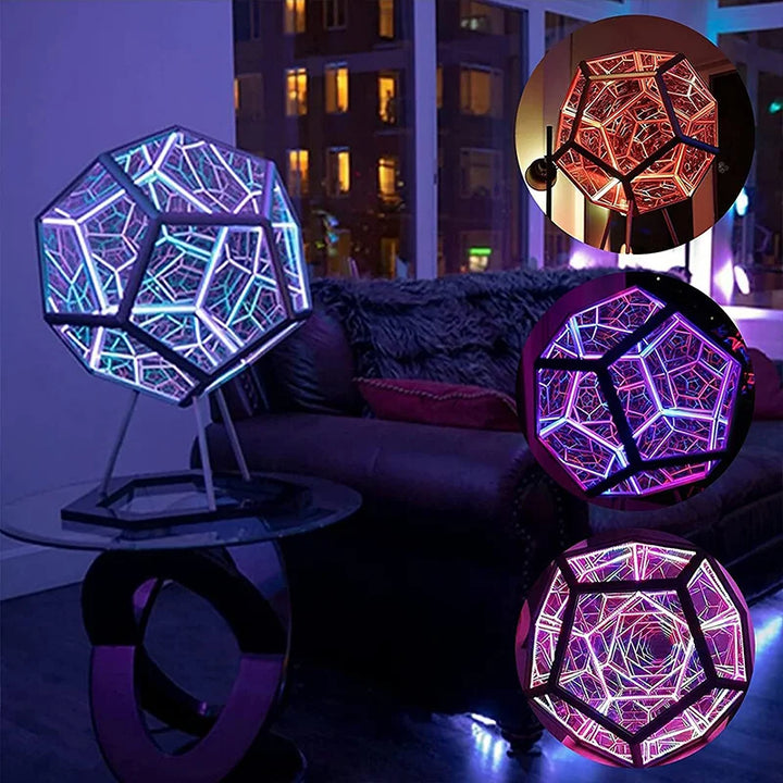 The infinity prism on a glass side table in a living room at night, with close-ups in red and violet