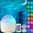 Teal aurora light over a bedroom ceiling, with the projector, the remote and a strip of its 16 colors