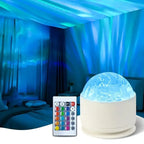 Rippling blue light across a ceiling and curtains, the projector and remote on a table