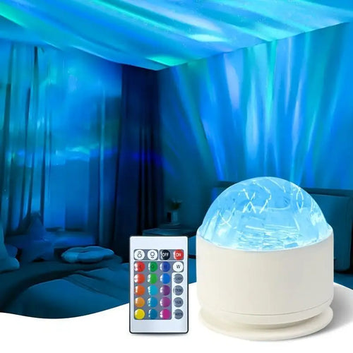 Rippling blue light across a ceiling and curtains, the projector and remote on a table