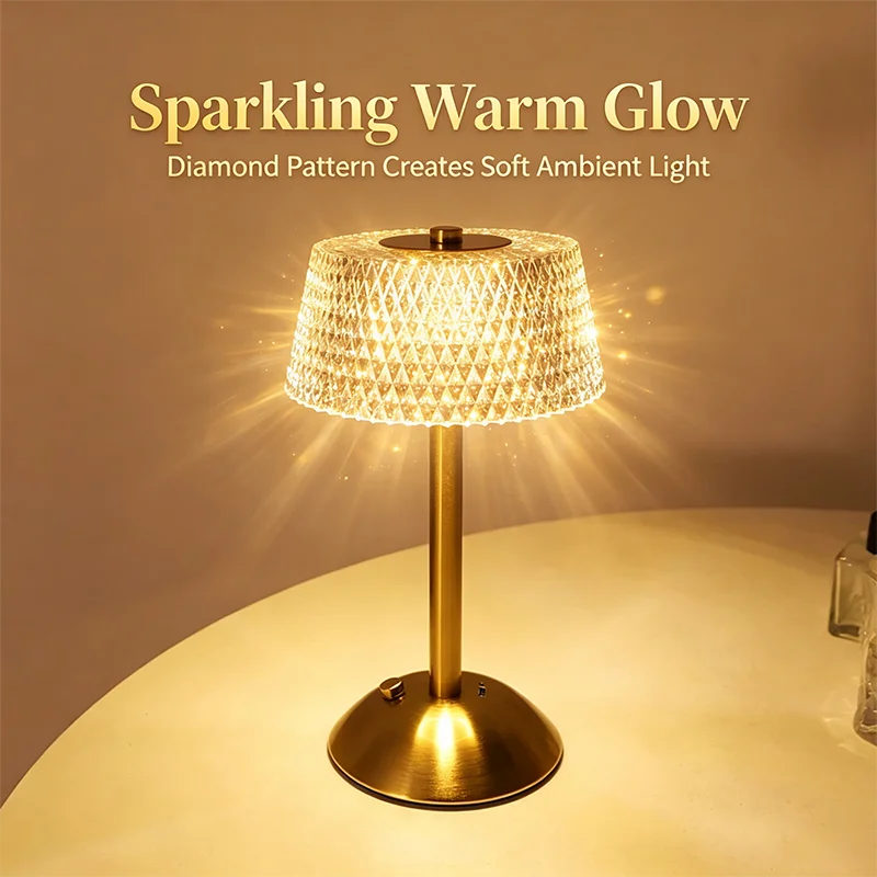 Dome lamp lit warm, the faceted shade scattering small points of light