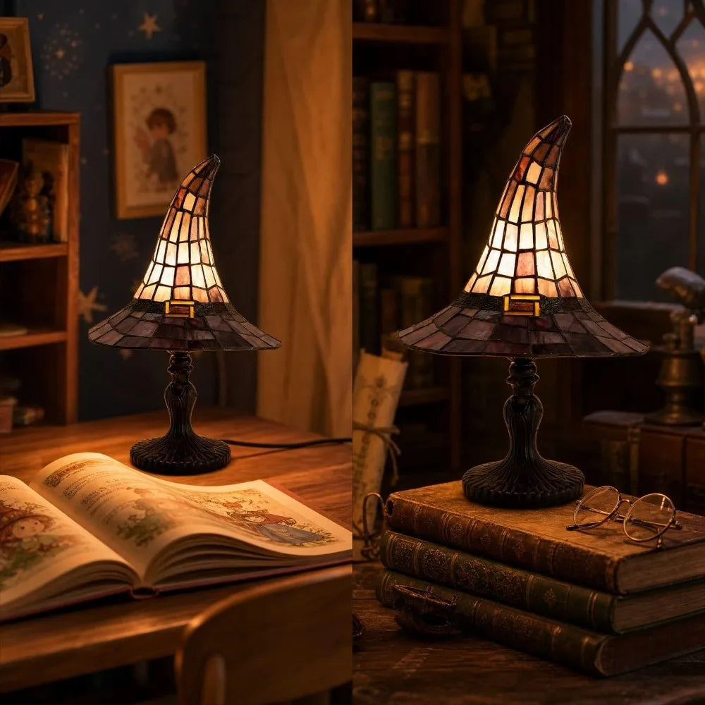 Two witch hat lamps lit on a desk and a stack of old books in a dim study