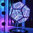 Twelve-sided infinity mirror lamp lit purple and blue on its metal stand