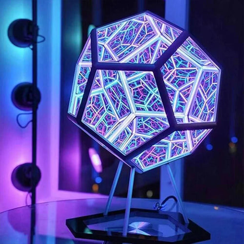 Twelve-sided infinity mirror lamp lit purple and blue on its metal stand