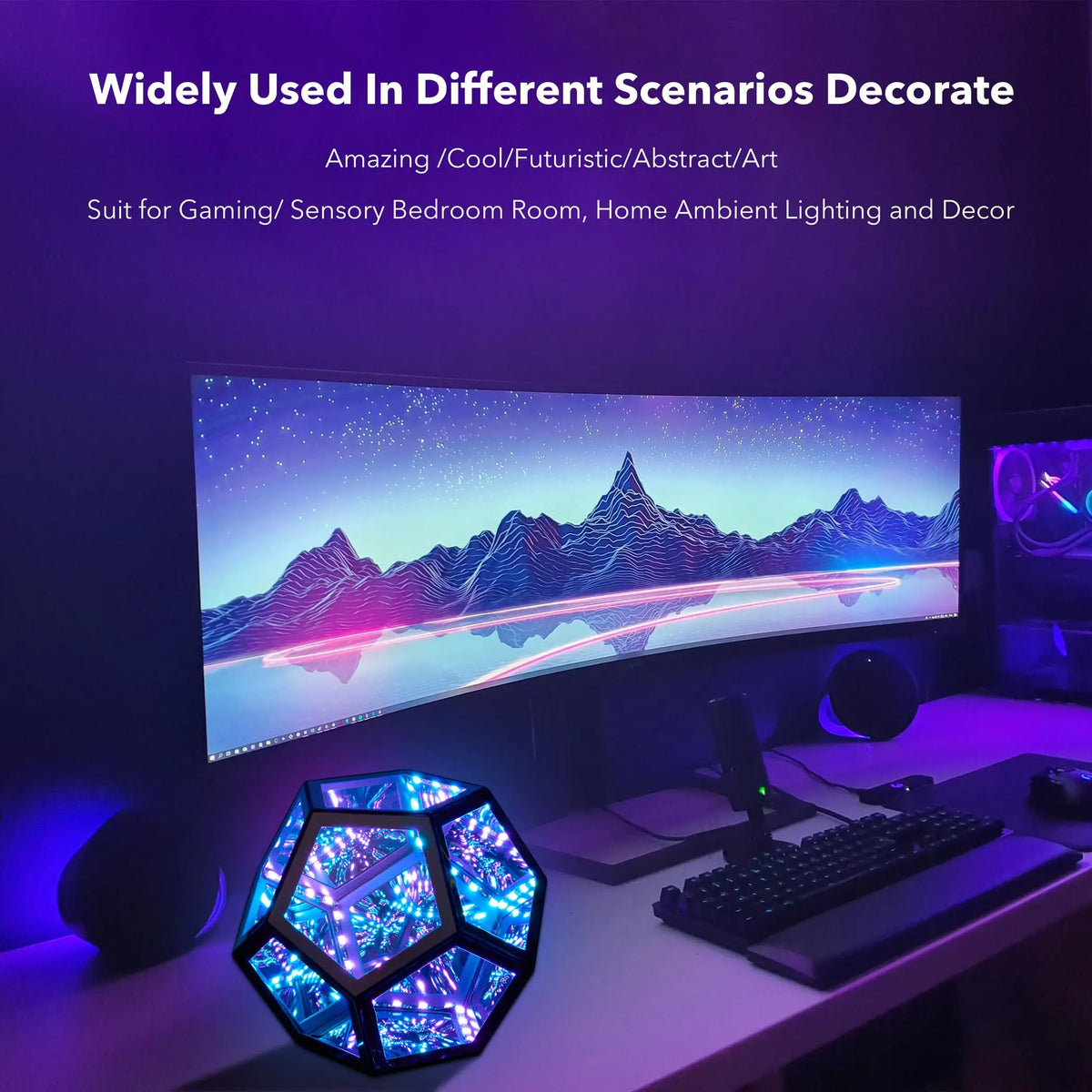 The prism lit blue on a desk in front of a curved monitor