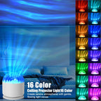 Blue light waves over a bed, with the 16 color options down the side