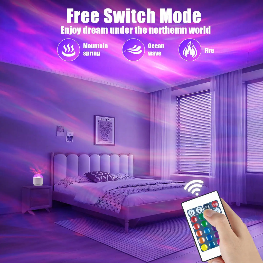 Purple aurora light over a bedroom, a hand pointing the remote at the projector