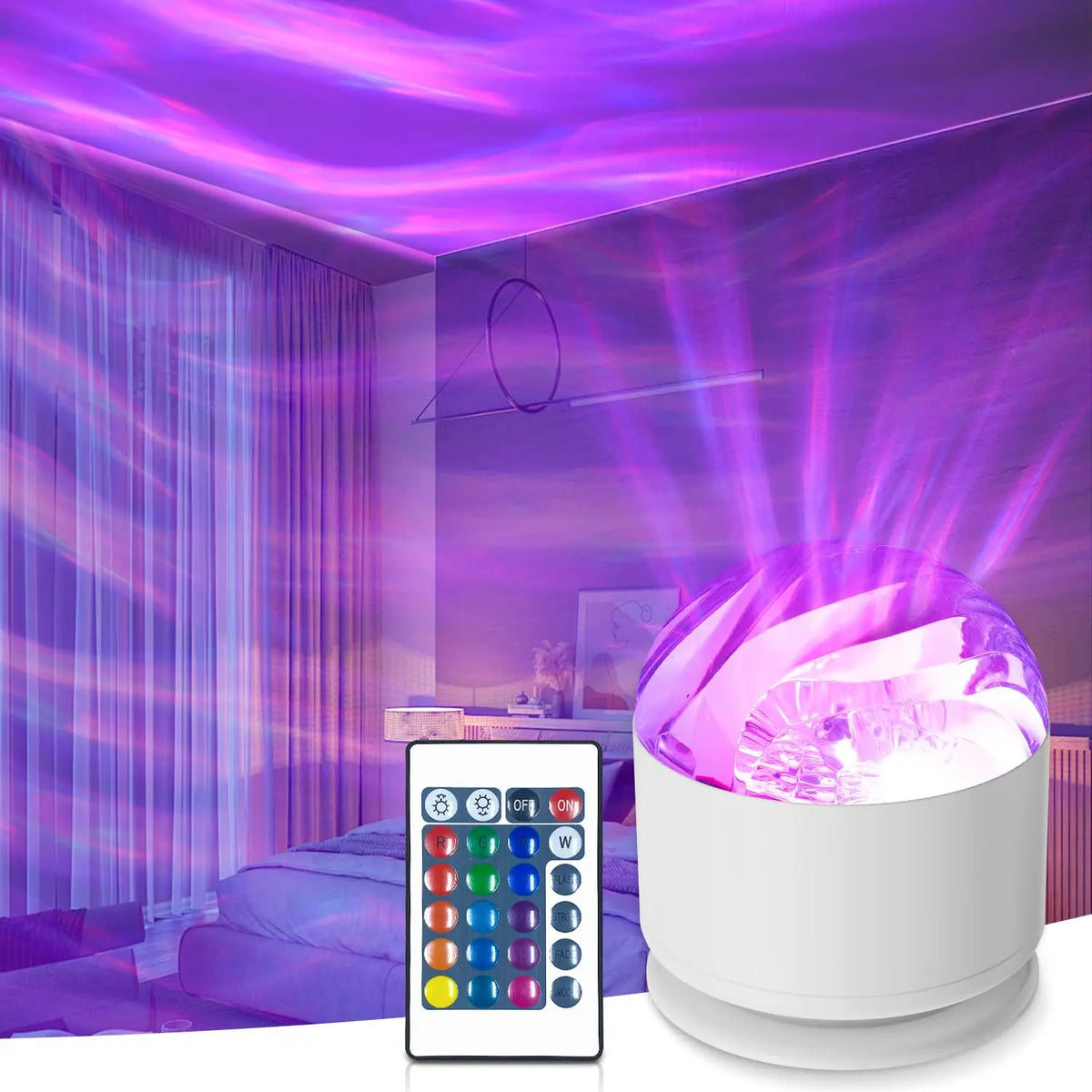 Purple northern-lights bands across a bedroom ceiling from the aurora projector