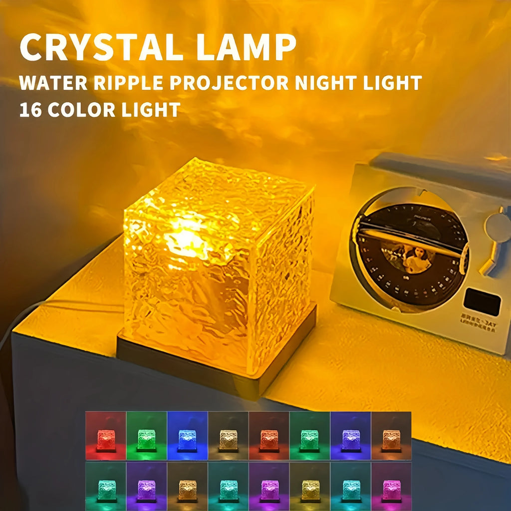 Amber ripple cube on a desk beside a turntable, the 16 color choices underneath