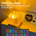 Amber ripple cube on a desk beside a turntable, the 16 color choices underneath