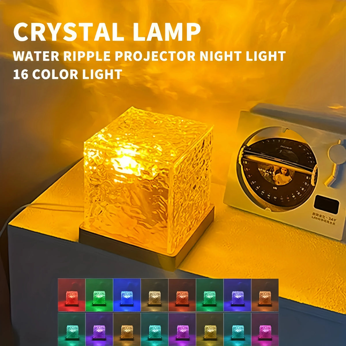 Amber ripple cube on a desk beside a turntable, the 16 color choices underneath