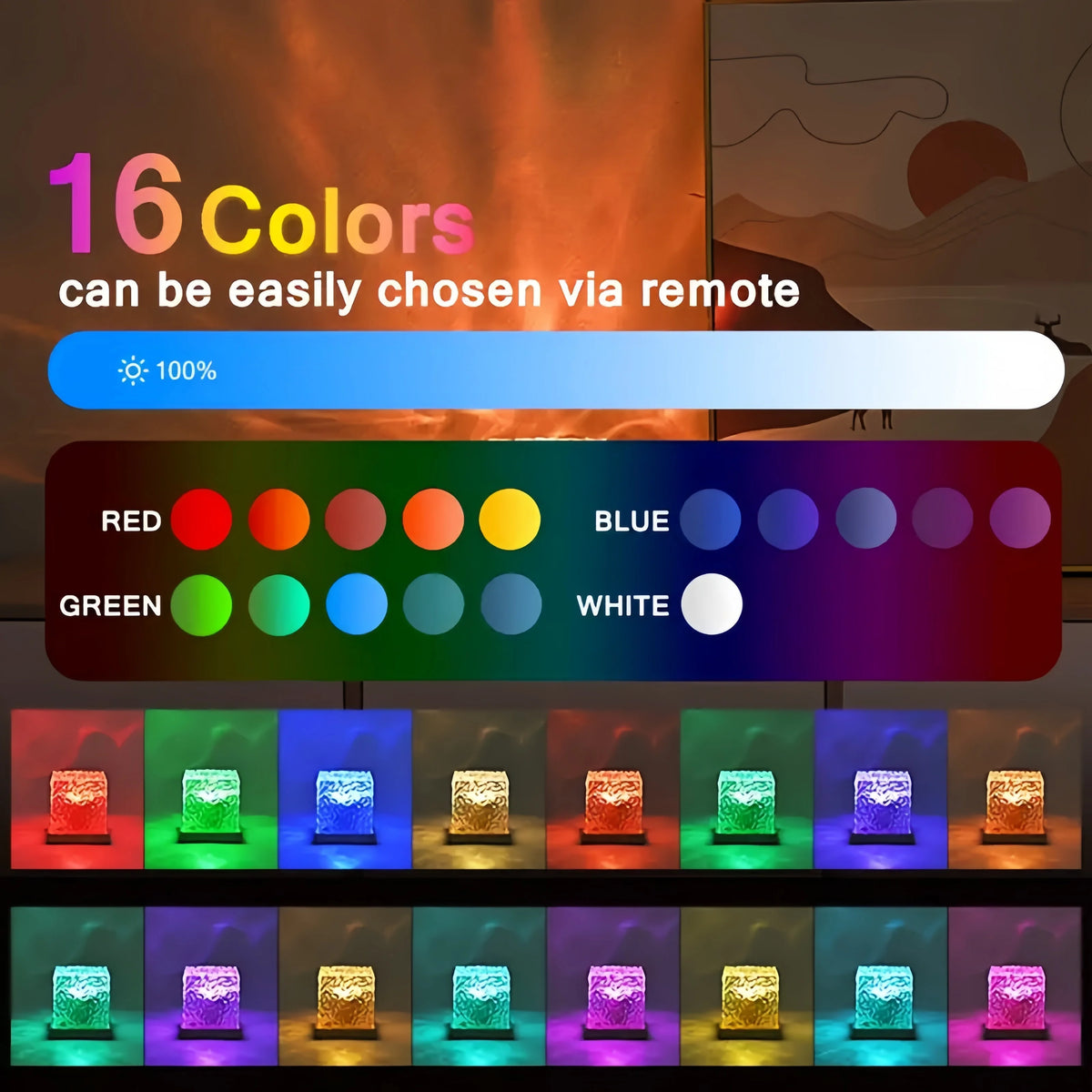 The 16 colors of the ripple cube, grouped as on the remote