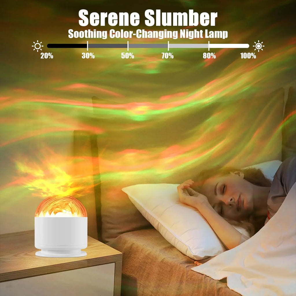 Green and orange aurora light over a sleeping woman, with a brightness scale from 20 to 100 percent