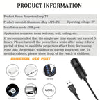 Spec sheet for the projector: aluminum and plastic body, 5 V, USB powered