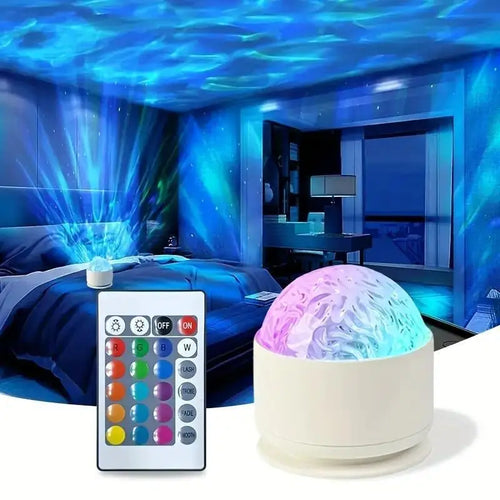 Blue water-ripple light over a bedroom ceiling and walls, the projector and its remote in front