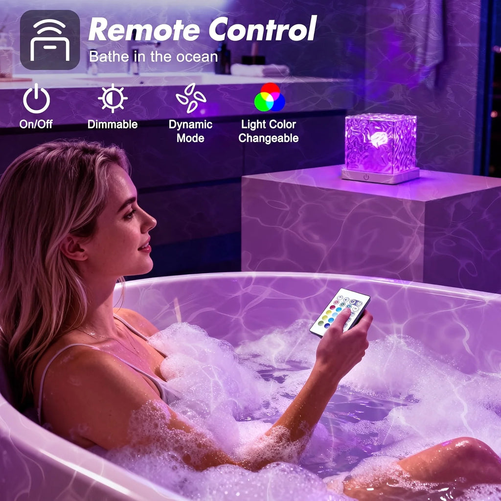 Woman in a bubble bath pointing the remote at the cube, lilac light on the wall