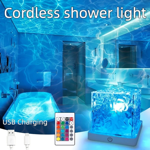 Blue wave light over a bathroom and bathtub from the cordless cube on a ledge