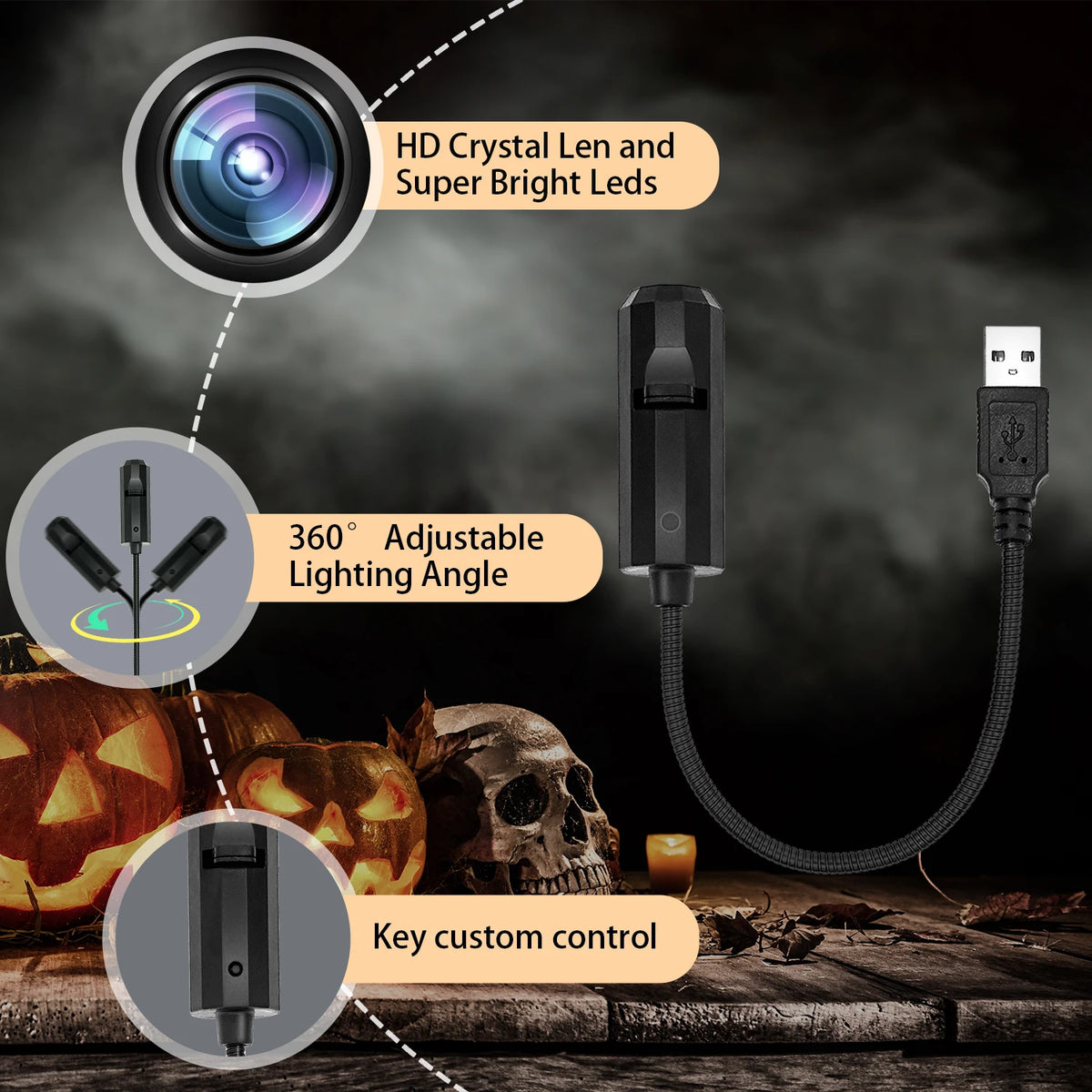 Close-up of the black gooseneck projector, its lens and the switch on the USB lead